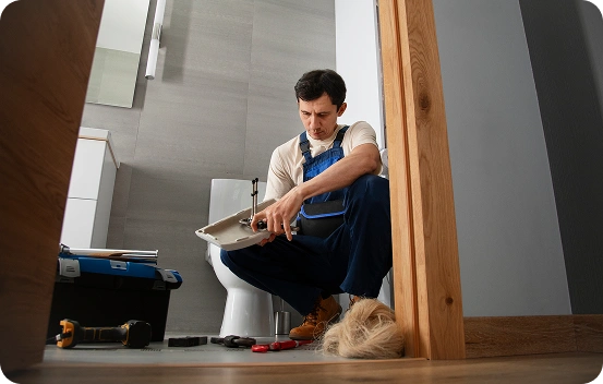Un homme-artisan répare la plomberie dans la salle de bain lors d'une intervention à domicile