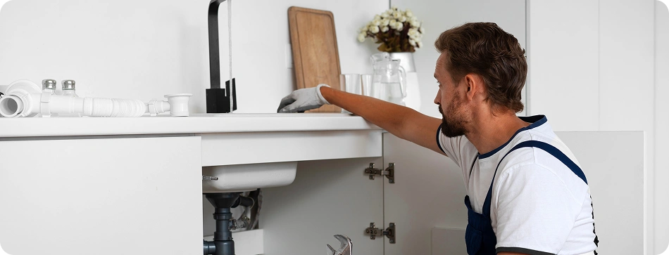 Un plombier en salopette et gants est agenouillé près d'un évier de cuisine, une clé à molette à la main. Le meuble est ouvert, laissant apparaître des tuyaux. La scène est organisée et centrée